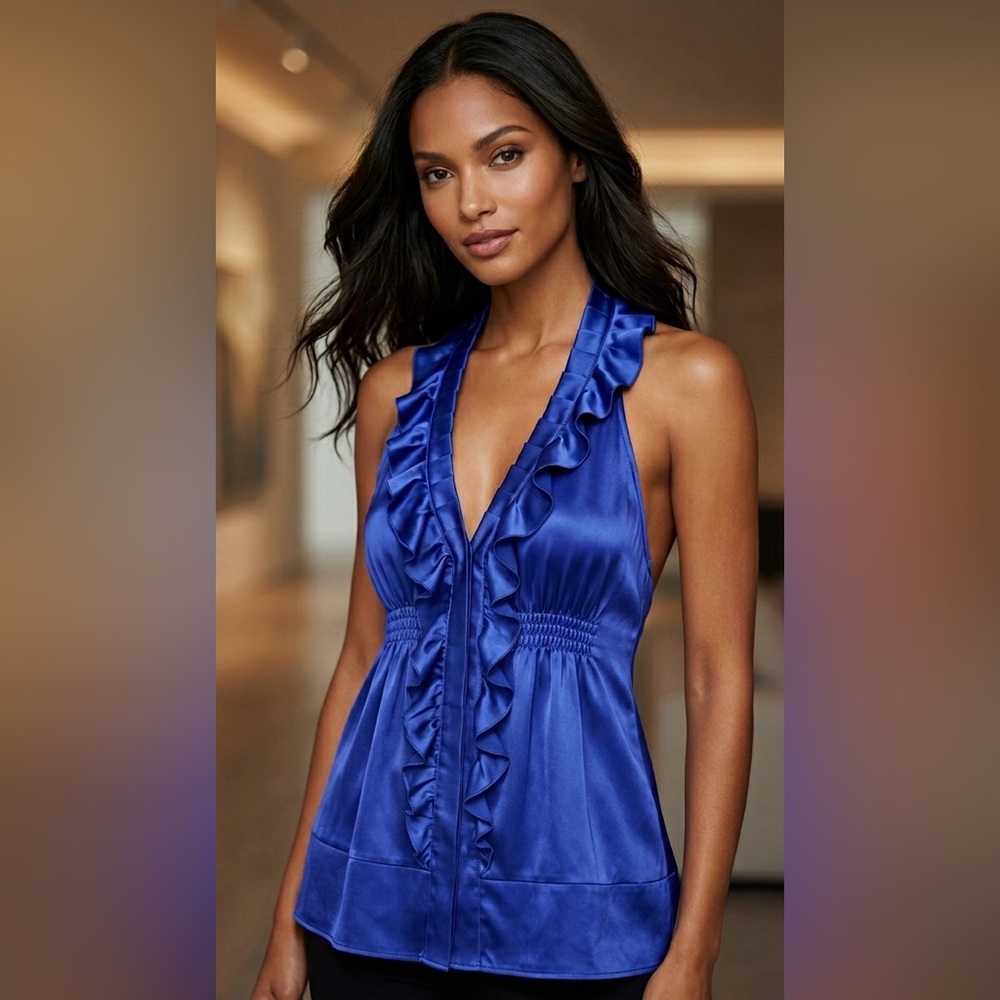 BCBG‎ Max Azria Royal Blue 95% Silk Satin Ruffle Halter Top - Y2K Vintage
